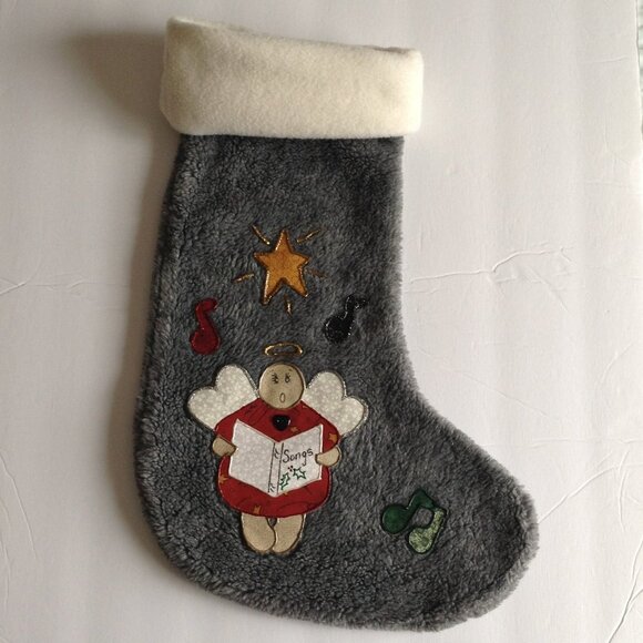 Christmas Holiday Festive Hanging Stocking Gray Fleece - Picture 1 of 3